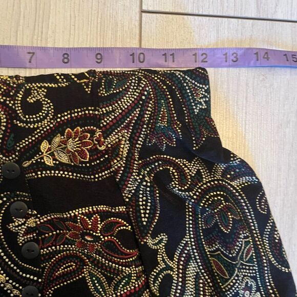 90s vintage black midi slinky skirt faux buttons gold paisley - Picture 8 of 9